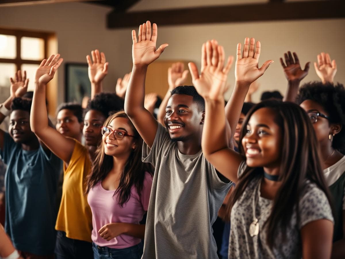 Young people raising their hands during a community program
