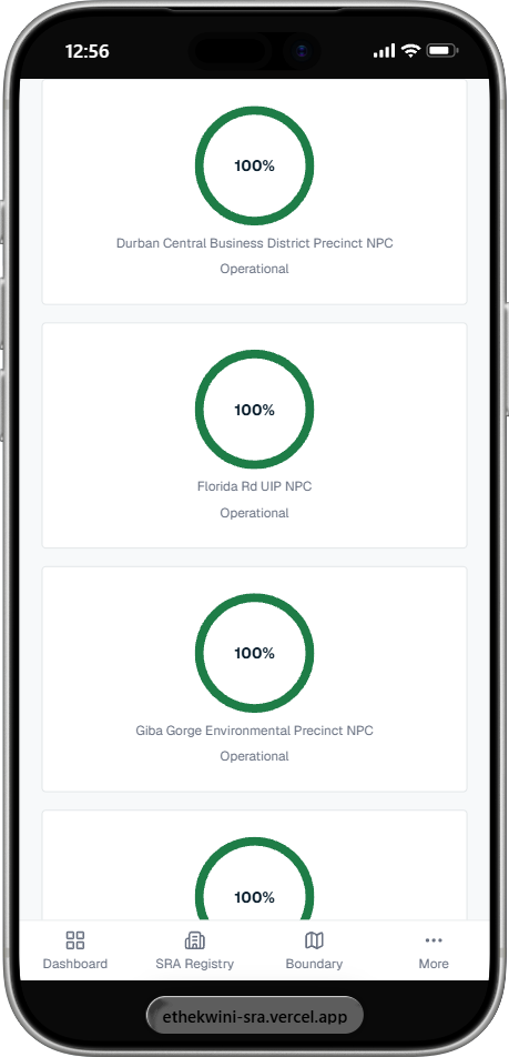 PrecinctOS SRA registry on a phone, listing Special Rating Areas with their operational status and compliance percentage