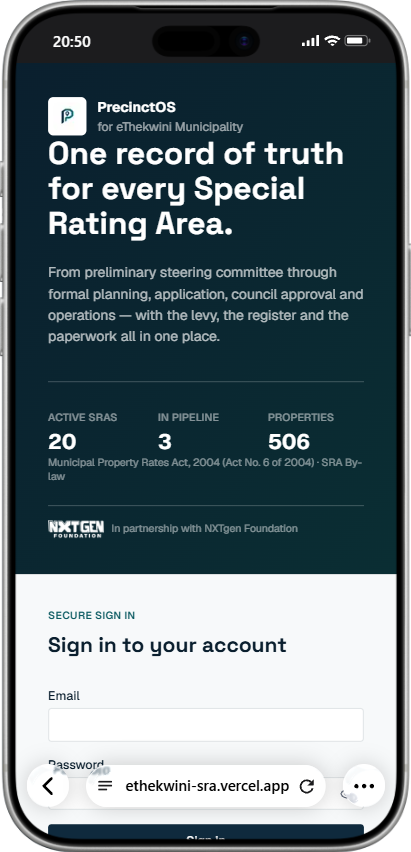 PrecinctOS sign-in page on a phone, with headline figures for Special Rating Areas above a sign-in form