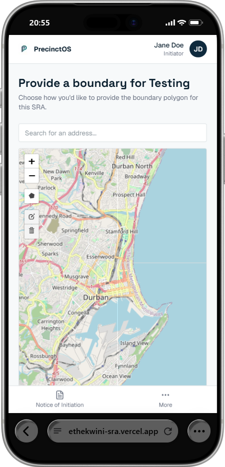 PrecinctOS boundary drawing screen on a phone, with a search box and a map of Durban for drawing the boundary of a Special Rating Area
