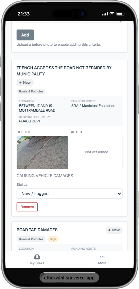 PrecinctOS issue record for a damaged road on a phone, showing a before photo, location, responsible department, funding route and a status selector